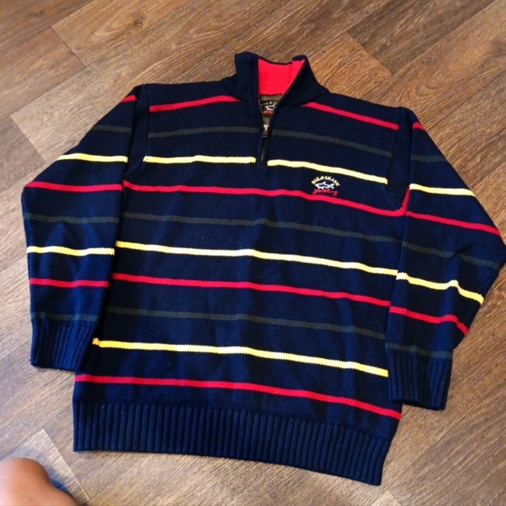 Paul & Shark Zip Up Sweater Blue and Red Classic Stripes Size L VINTAGE